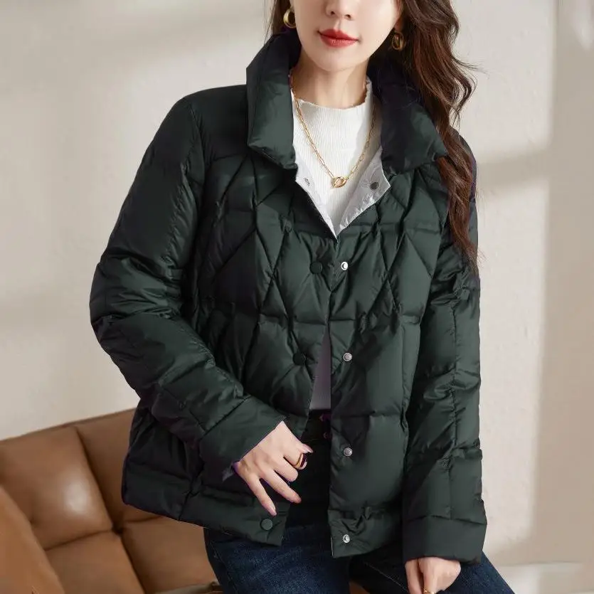 2023 New Women 90% White Duck Down Fashion DIAMOND CHECK Jackets Female Ultralight Thin Slim Korean Office Lady Down Coat