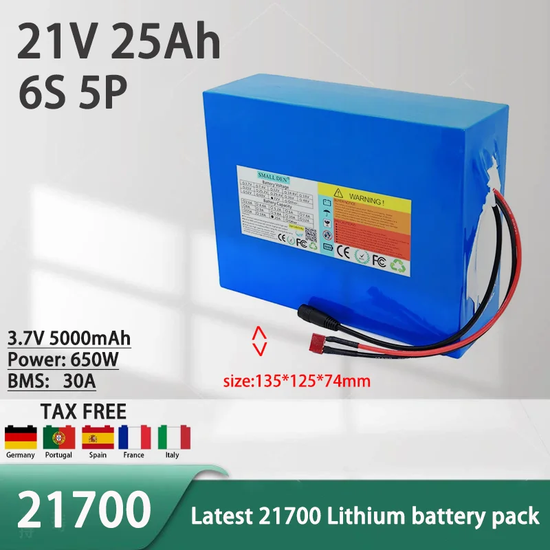 

New 21V 25Ah 21700 lithium battery pack 30A BMS 650W high-power suitable for outdoor camping backup battery+25.2V 5A charger