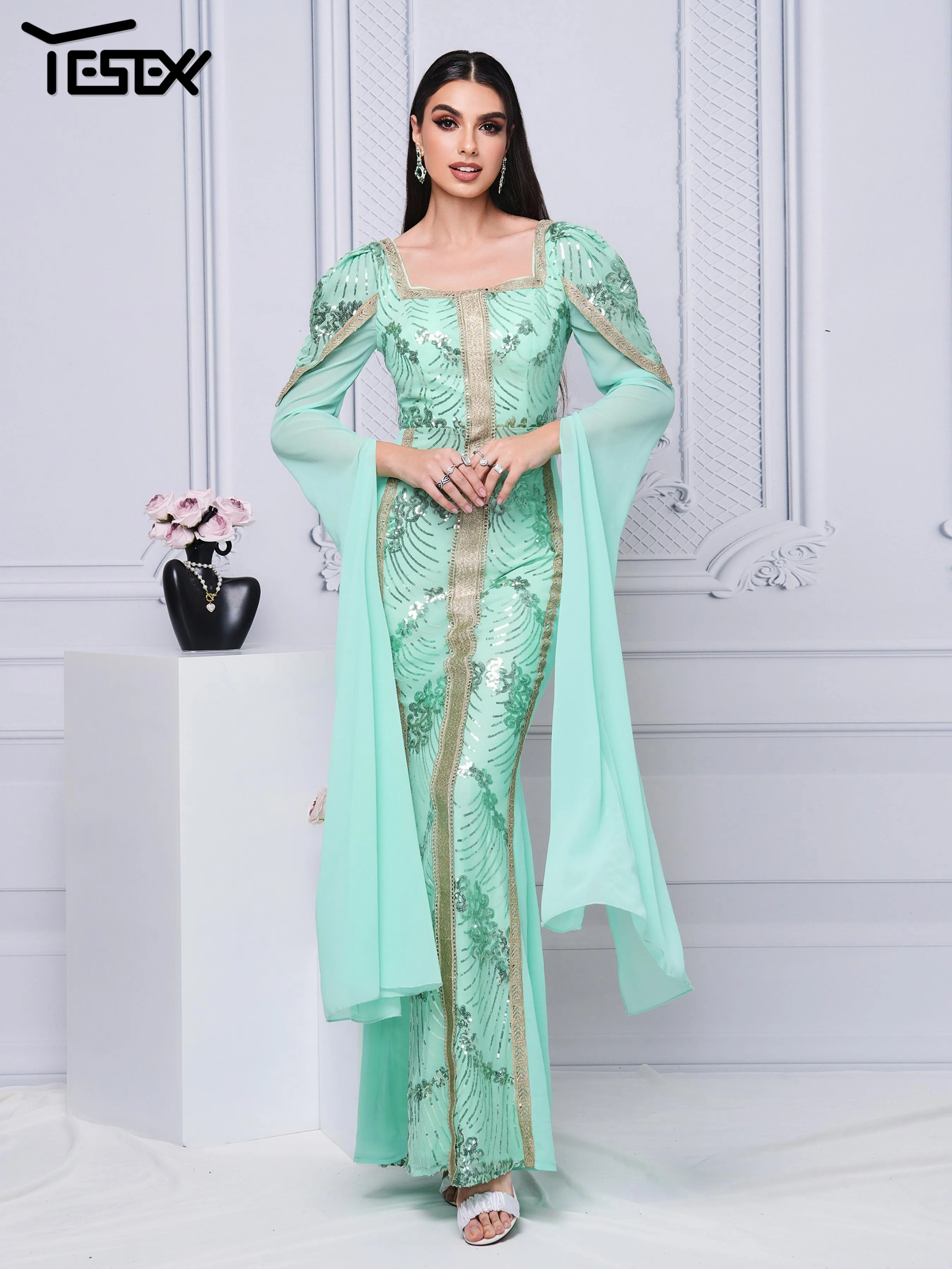 Yesexy 2024 New Green Church Dress Square Neck Extend Sleeves Sequin Mermaid Evening Gown Maxi Wedding Birthday Party Dress