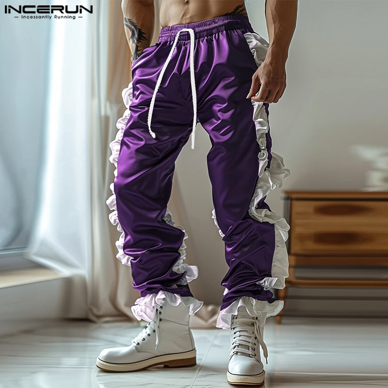 INCERUN 2024 American Style Pants Stylish Men Pleated Edge Design Drawstring Trousers Casual Personality Male Hot Sale Pantalons