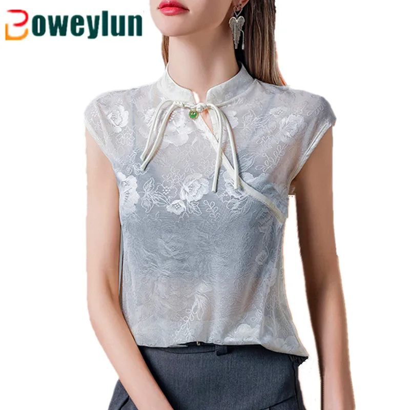 

Boweylun New Chinese Cheongsam Collar Lace Short-sleeved Tops Female Disc Buckle Hollow Out Summer Women's Stand -up T-shirt