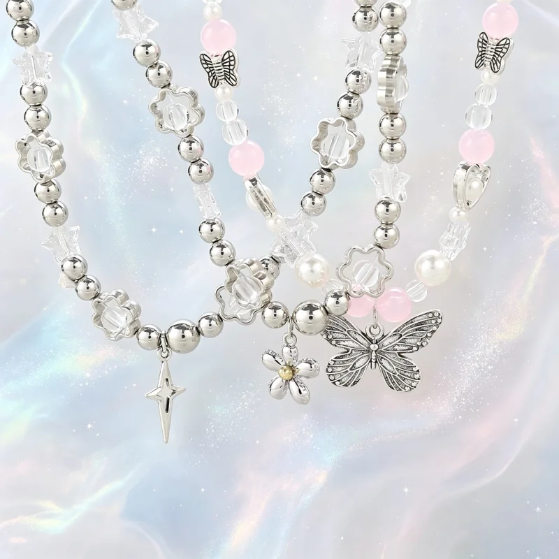 3Pcs exquisite necklace silver butterfly flower square star pink transparent imitation pearl stackable Y2K women's jewelry