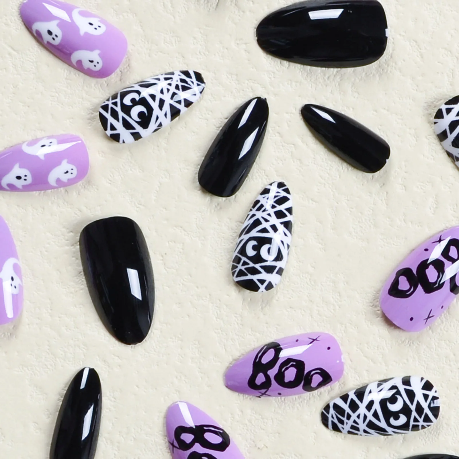 Purple Black Almond Fake Nail Halloween White Bandage Zombie Artificial Nail for Women and Girl Nail Salon