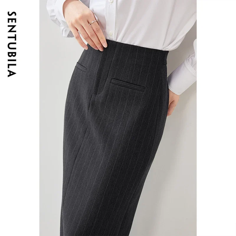 SENTUBILA Striped Suit Skirt Women 2024 Fall Winter Formal Straight High-waist Slit Work Business Female Long Skirts 143Q56822
