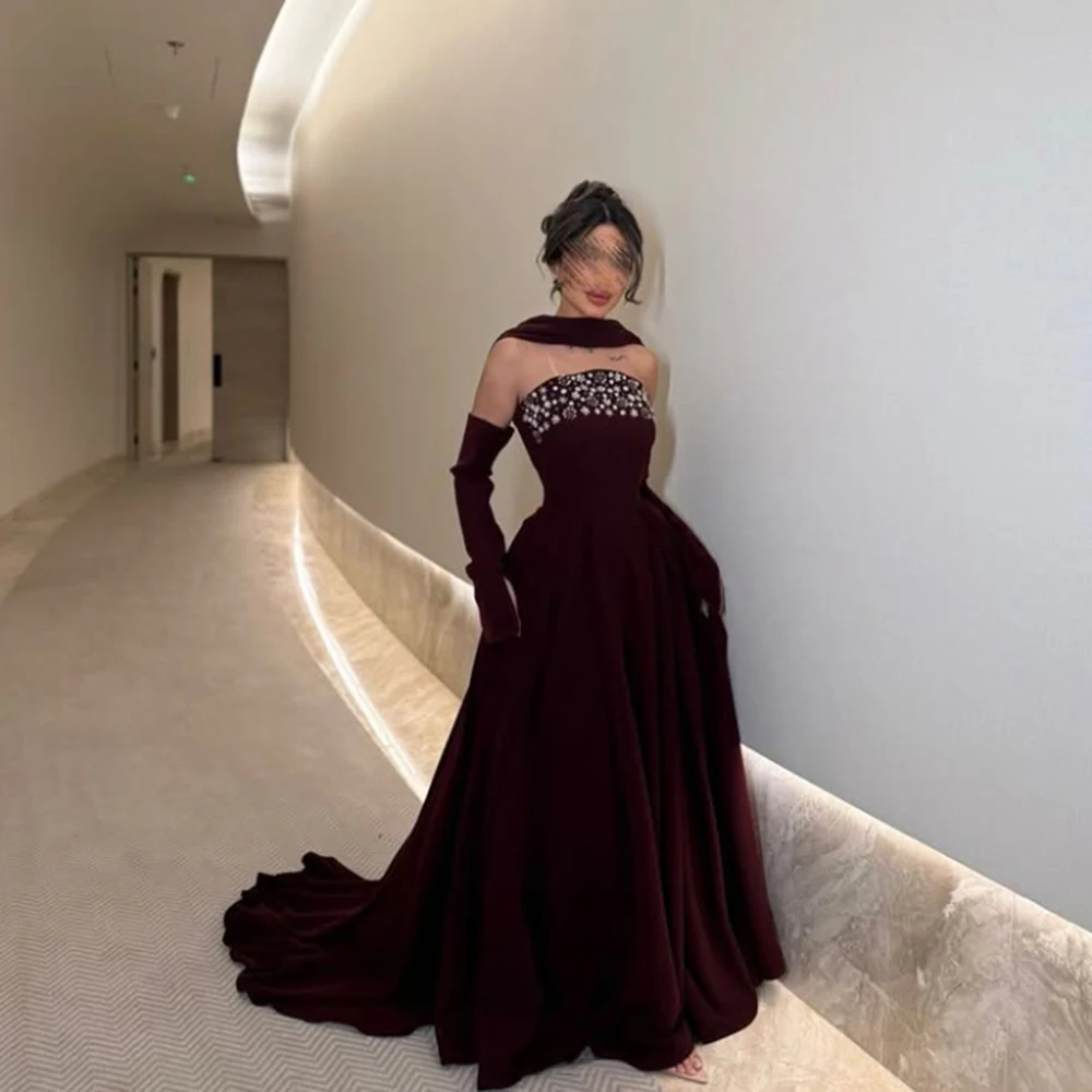 

Customized Burgendy Velour A-line Strapless Evening Dress Crystal Backless With Cape Prom Dress Draped Floor Length Party Gowns