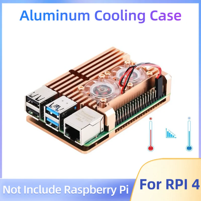 Raspberry Pi 4B เคสอลูมิเนียมอัลลอยด์พร้อมพัดลมทำความเย็นคู่กรอบโลหะสีทองสำหรับ Raspberry Pi 4