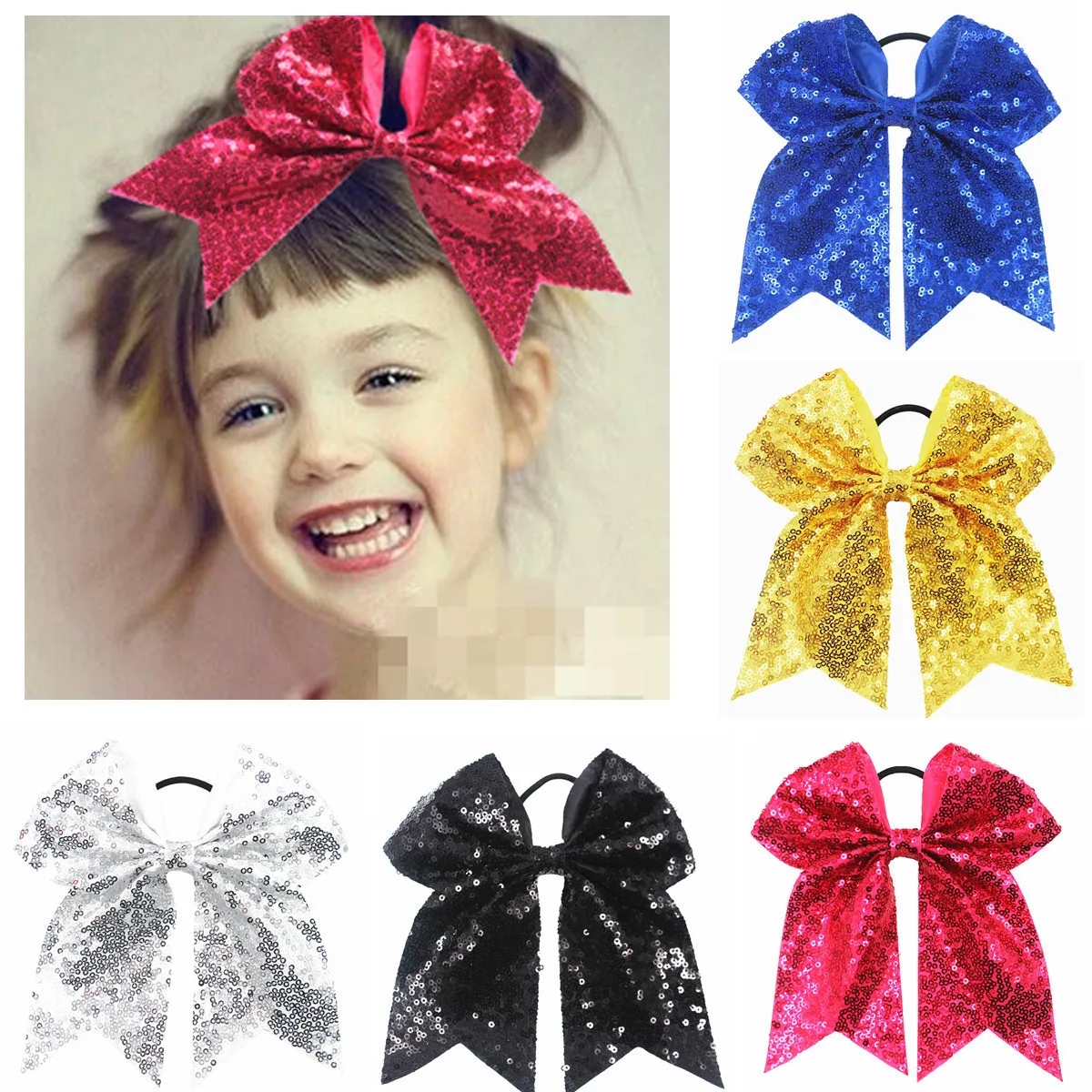 6.5 Inch Large Sequin Bows Baby Girls Classical Pony Tail Knotbow Hair Holder Kids Hair Accessories 12Pcs/Lot