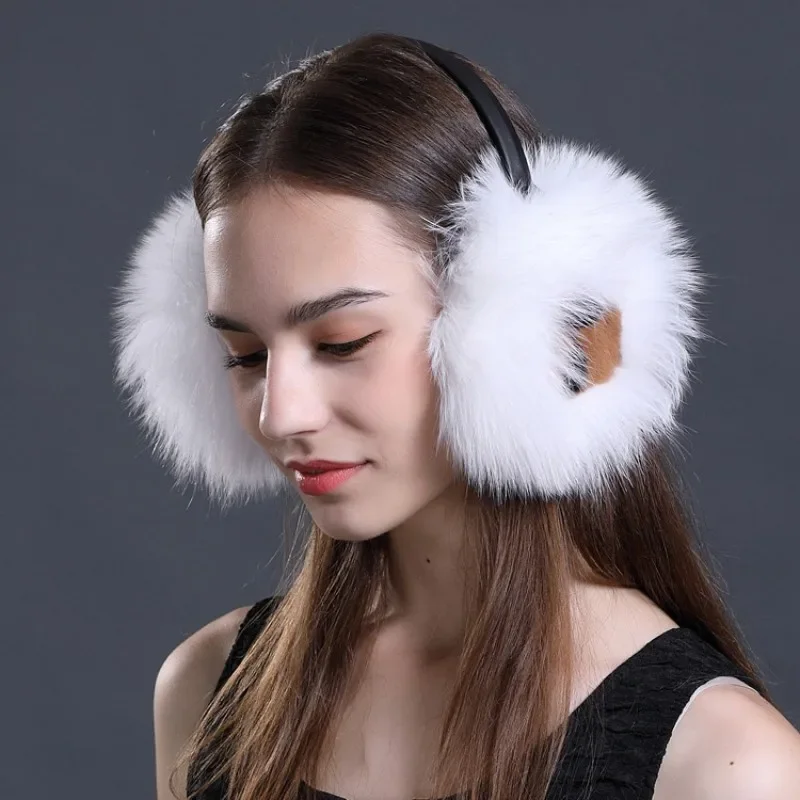 Winter Women Warm Real Fox Fur Earmuffs Girl\'s Earlap Ultra Large Ladies Plush Earmuff Luxury Ladies Fox Fur Earmuffs