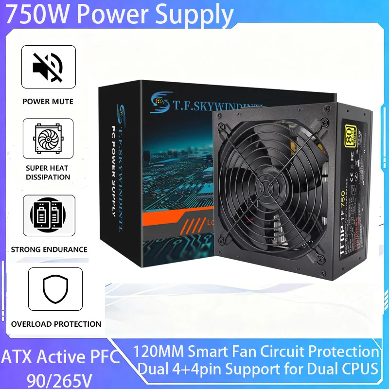 

750W Power Supply ATX Active PFC Full Voltage 90/265V 120MM Smart Fan Circuit Protection Dual 4+4pin Support for Dual CPUS