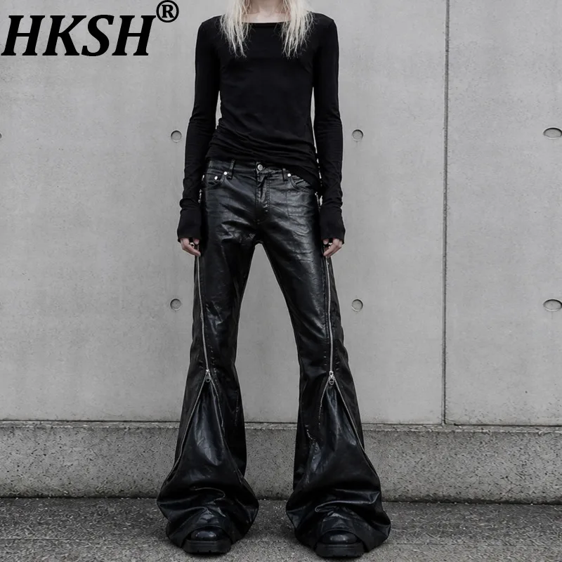 HKSH Spring Autumn New Men Tide Dark Chic Ins Women Spiral Track Zippers Coated Jeans Wide-Leg Design Denim Pants Gothic HK28342