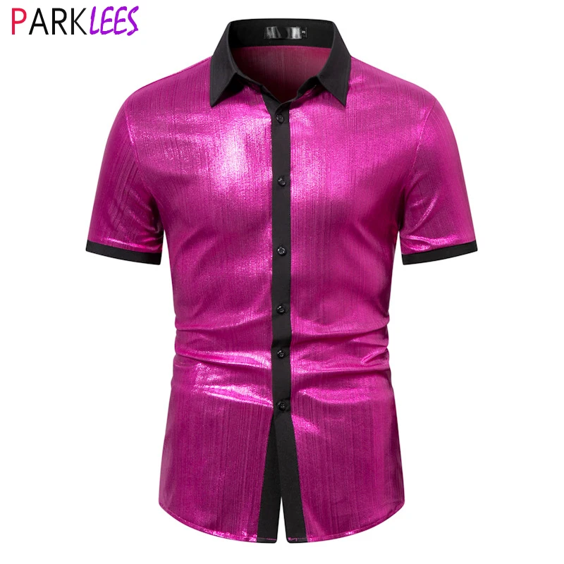 Mens Shiny Metallic Party Shirt Short Sleeve Button Down Dazzling Shirt Men Casual Stage Prom Nightclub Clothing Chemise Homme