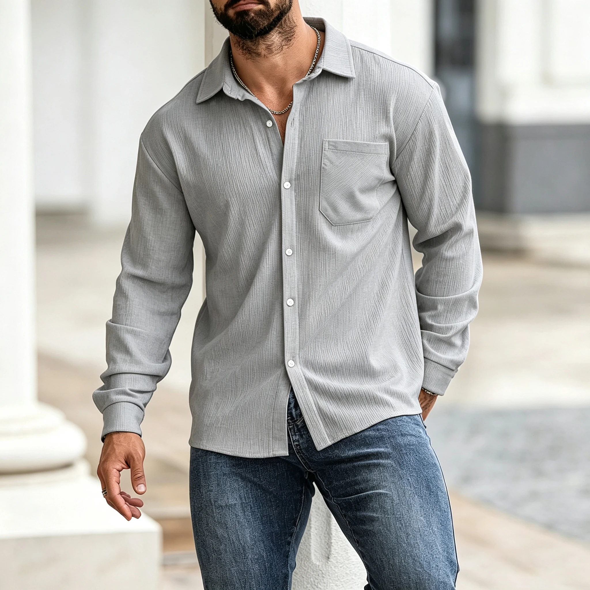 Men's textured long-sleeved collared shirt, single-pocket loose-fitting casual shirt, versatile cardigan for commuting.