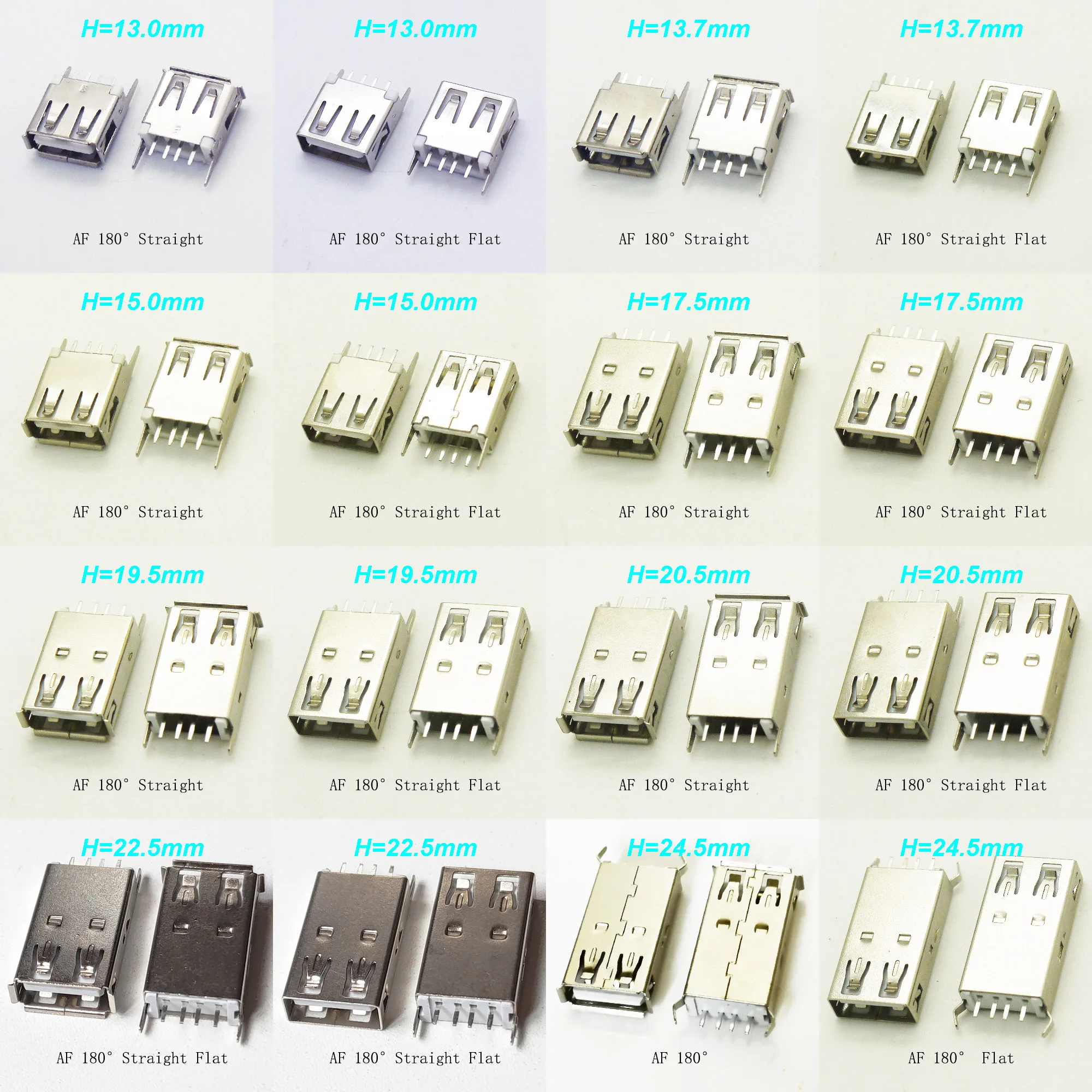 10PCS USB 2.0 Jack L=13/13.7/15/17.5/19.5/20.5/22.5/24.5mm A Type USB 2.0 Connector Female Socket Straight Feet 180degree DIP