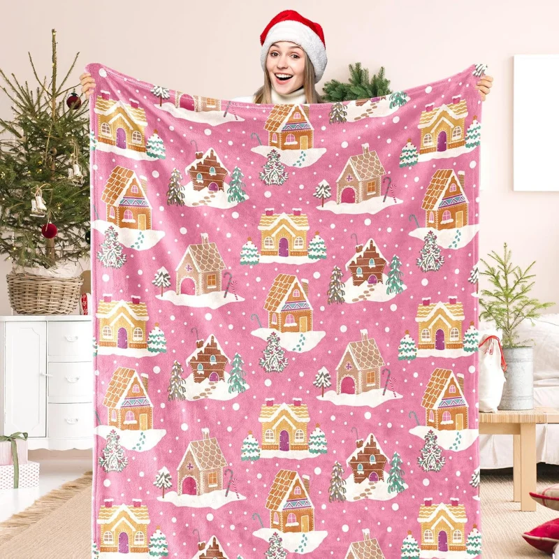 

Christmas Blanket, Pink Gingerbread House Decoration, Soft and Comfortable Flannel Vacation House Bed, Sofa Chair