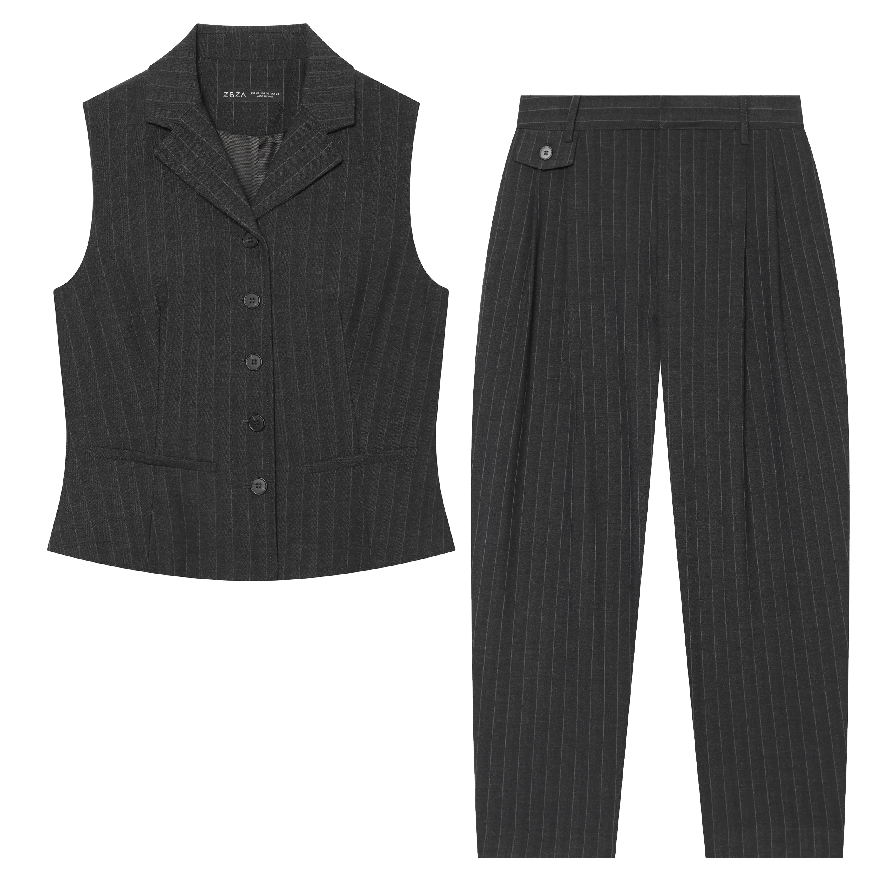 Womens Vintage Pinstripe Suit Vest Set Lapel Waistcoat High Waist Pleated Straight Trousers Elegant Office Two Piece Outfit