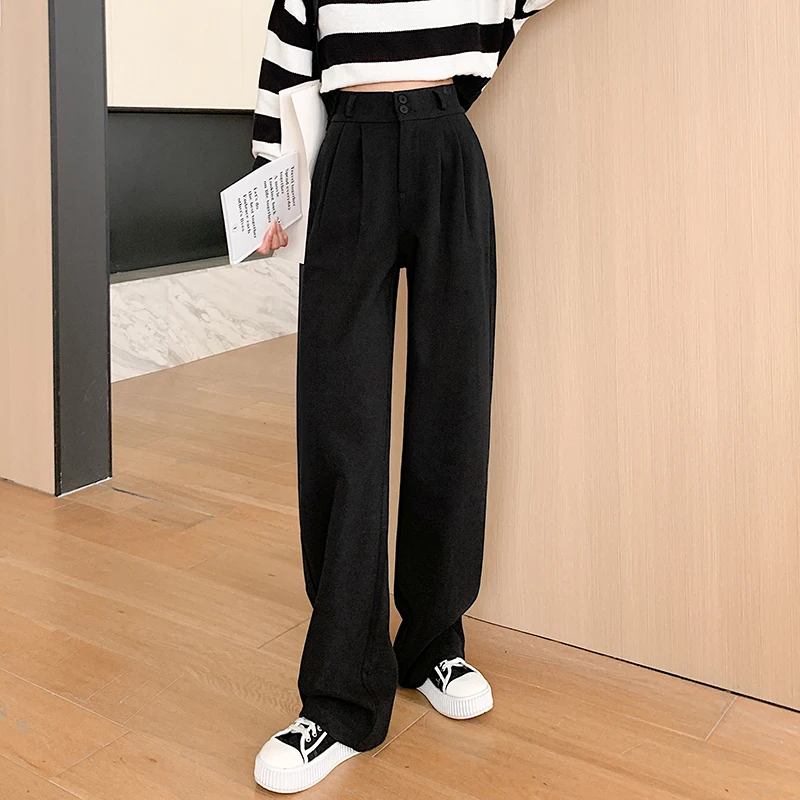 Thick Autumn Winter Woolen Straight Leg Pants Two Buttons Fashion High Waist Wide Leg Pocket Trousers 2025 New Trendy