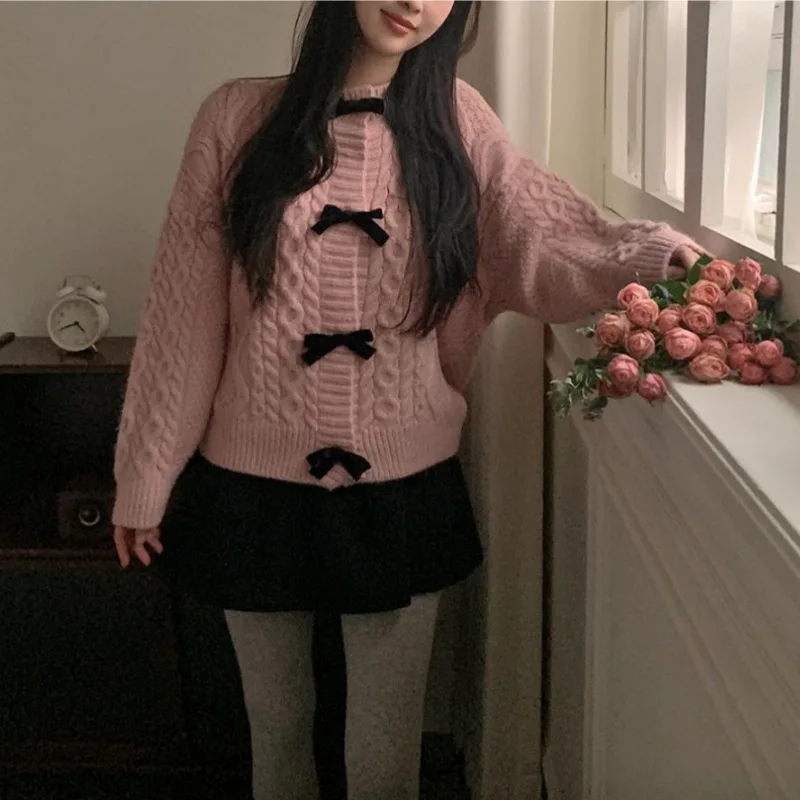 Sweet Twists Bow Sweater Women Autumn Winter O Neck Long Sleeve Top Loose Cardigans Korean Fashion Streetwear Y2K Girl Knitwear