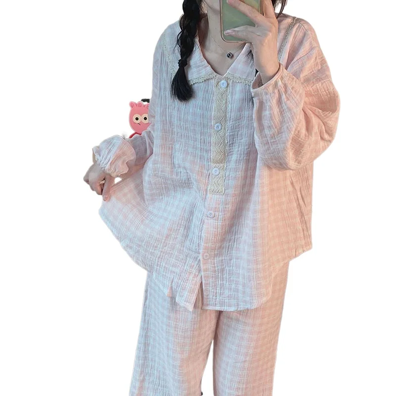 Plaid Sleepwear Women Pajama Sets Korean Piiama Ruffles Pants Sets for Women 2 Pieces Button Autumn Night Wears Lace Home Suit