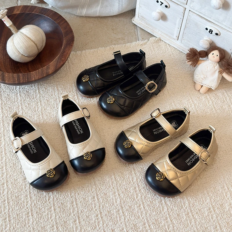 

Girls Mary Jane Shoes Kids Style Quilted Leather Flats Camellia Decor Buckle Non-slip Soft Sole Princess Dress Shoes Kid