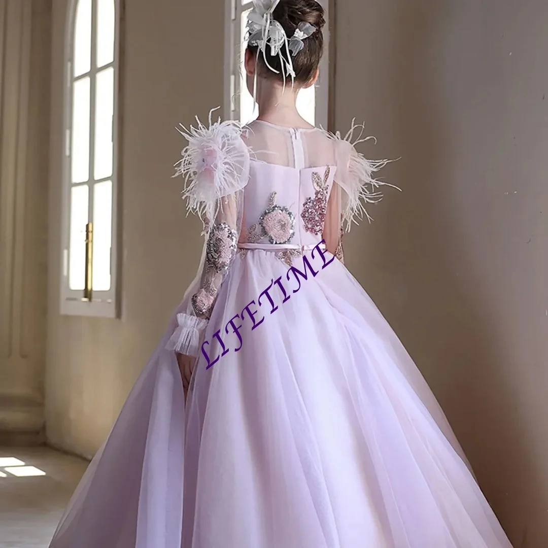 Customized Pink Feather Embroidered Tulle Flower Girl Dress for First Christmas Wedding Party Princess Gown Child's Dress