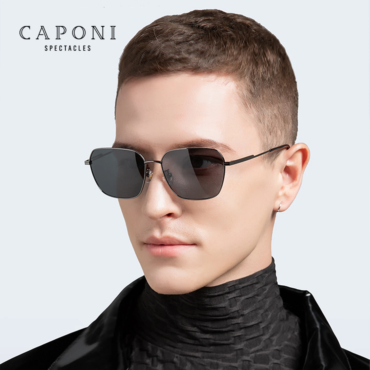 CAPONI Sunglass men Polarized Photochromic Square Trendy Black Lenses Shade Driving Sunglasses UV400 Protection Designer BS21020