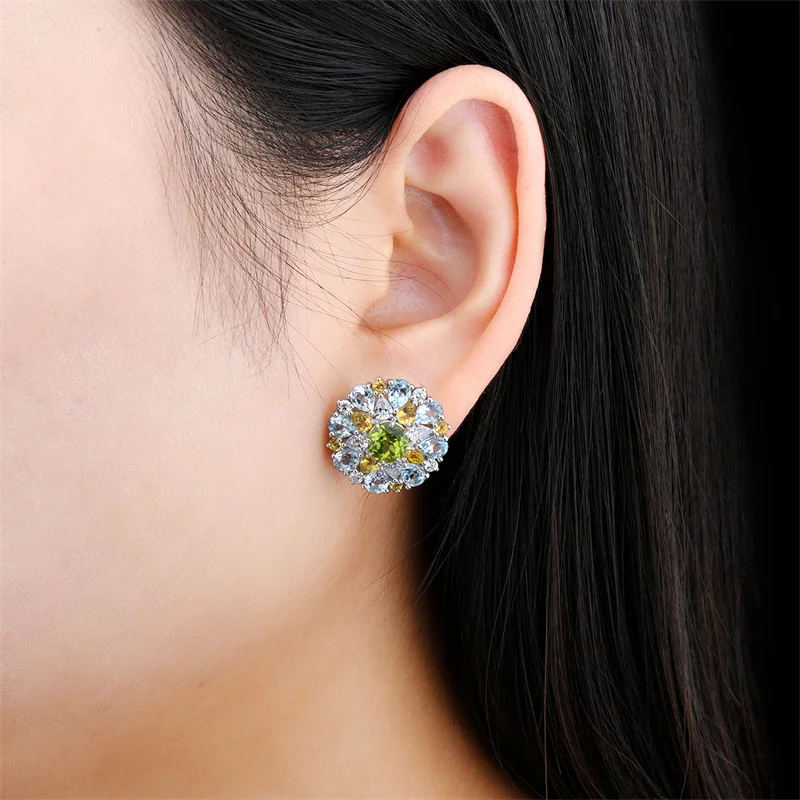 Natural Peridot Citrine Blue Topaz Sterling Silver Stud Earring 10 Carats Gorgerous Exqusite Original Design for Wedding Banquet