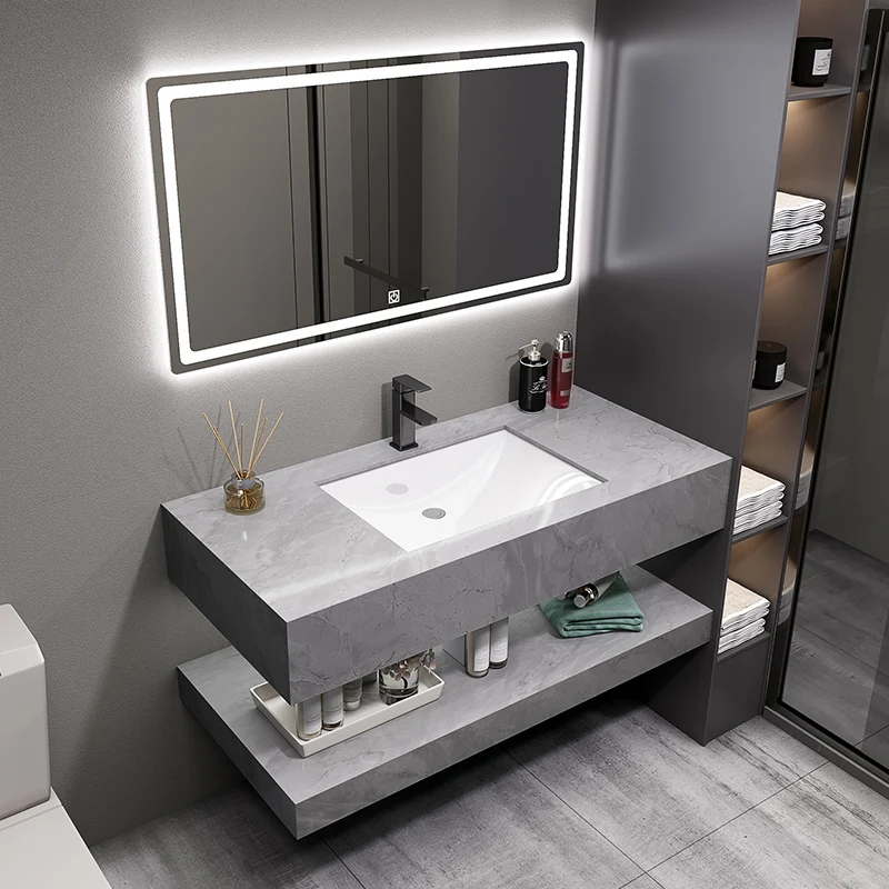 Waterproof Lighting Modern Stone Top Integrated Bathroom Vanity Storage Face Wash Cabinet Floating Bathroom Vanity with Sink
