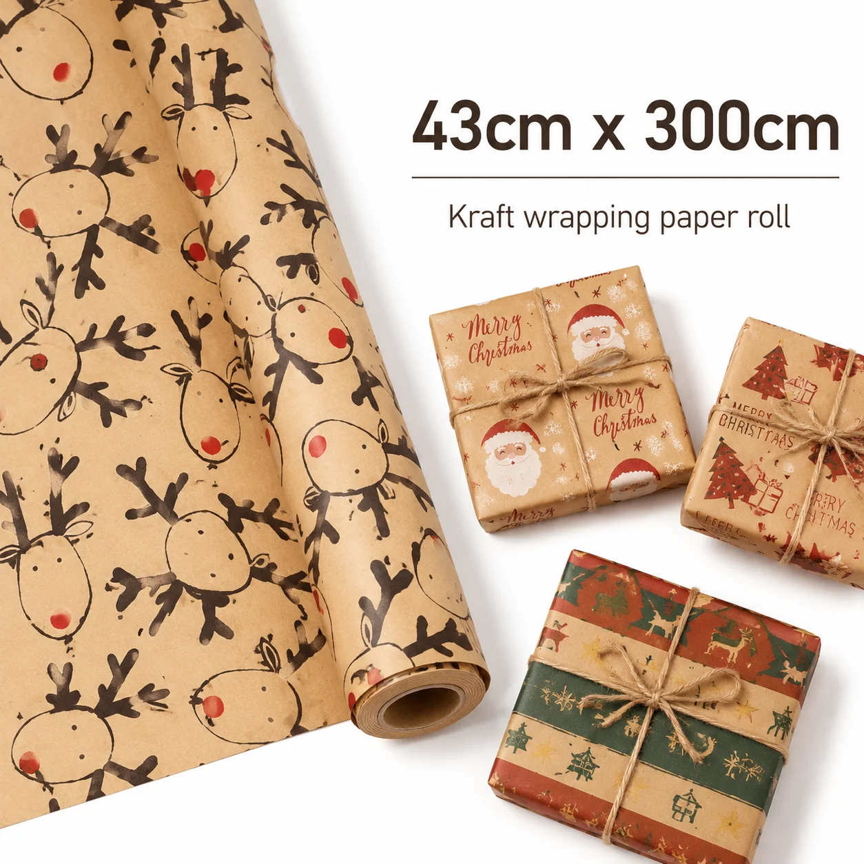 1 Roll, 3m /118 Feet, Christmas Gift Wrapping Kraft Paper Roll, 43cm Width, Printed with Christmas Trees, Gifts, and Snowflakes,