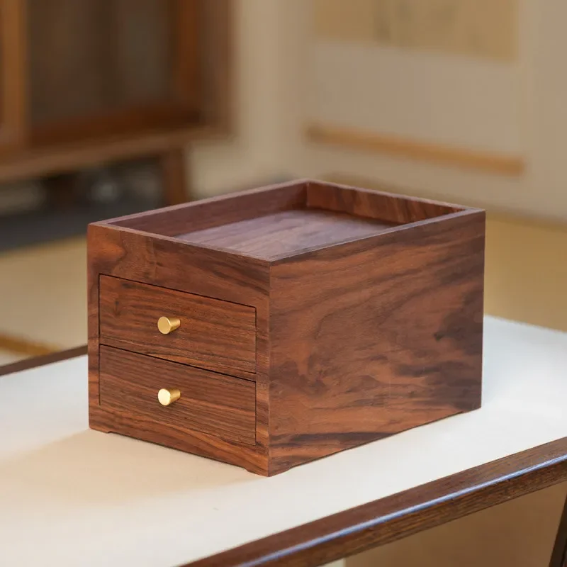 Black walnut desktop multi-layer tea cake box household solid wood tea storage box