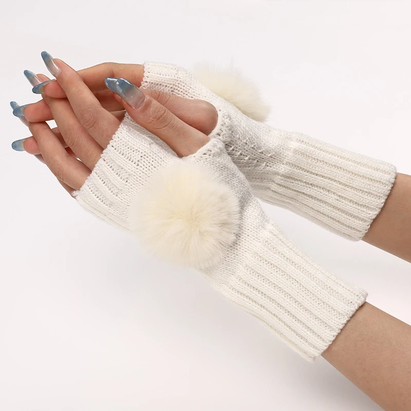 Fur Ball Half Finger Gloves for Women Winter Soft Warm Wool Knitting Arm Gloves Warm Mittens Handschoenen Unisex Guantes Mujer