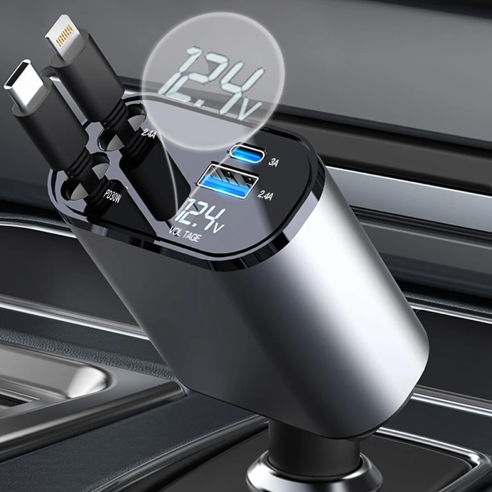 120W 4 in 1 Retractable Car charger USB C for iPhone Xiaomi Huawei Samsung Fast charging cable Cigarette Lighter Adapter