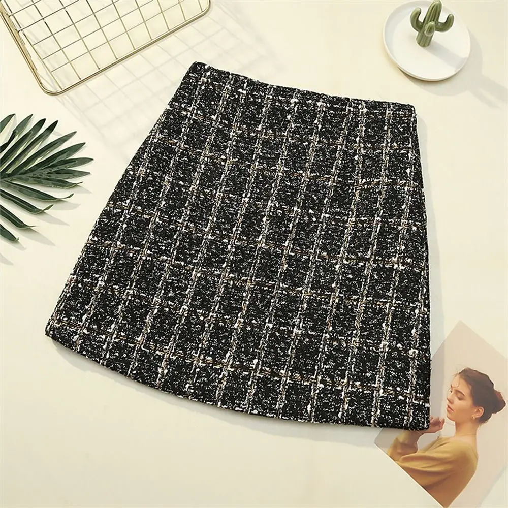 

Classic Outfit High Waist Winter Plaid Skirt Thick Woolen Glittery Tweed Skirt Saia Feminina Slim Mini Skirt Women Ladies