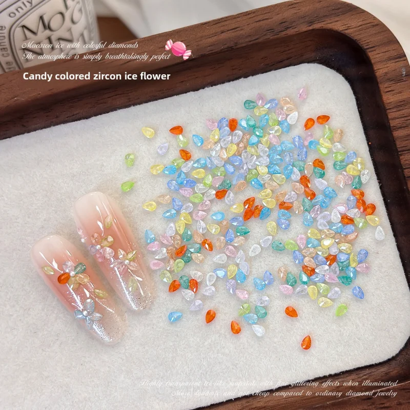 50Pcs 5A Ice Flower Zircon Nail Rhinestones Candy Colors Mini Teardrop Marquise Pointed Back DIY Floral Stackable Nail Decors