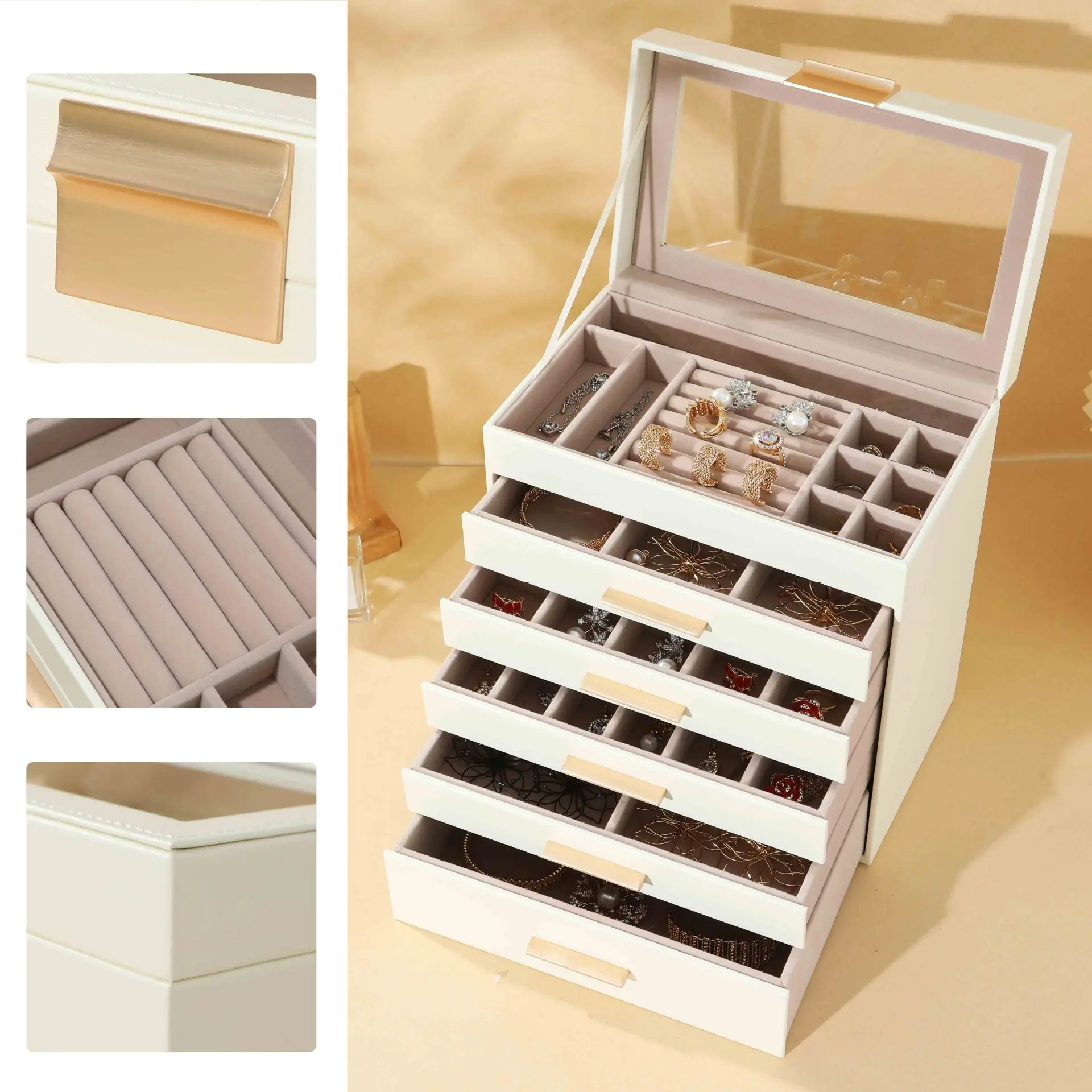 Multi-layer Leather Rectangular Jewelry Storage Box Anti-Oxidation European American Style Large Capacity for Earrings Necklace