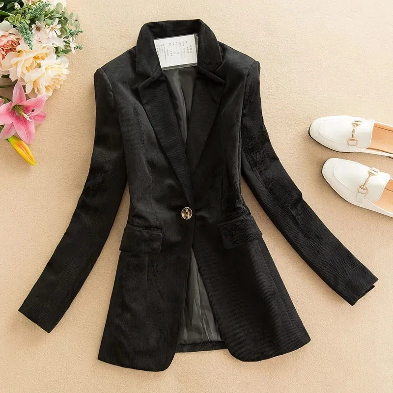 2023 New Fashion Corduroy Blazers Women\'s Spring Autumn Jacket Single Button Slim Long Sleeve Suit Lady Office Blazer Female Top