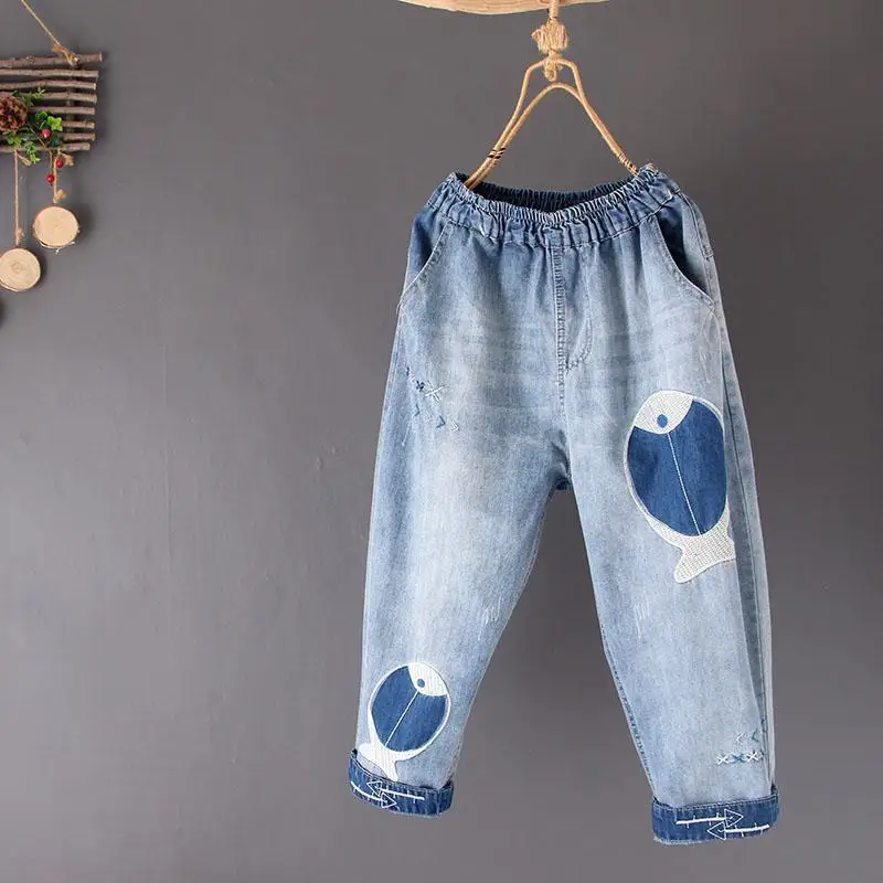 

Faionable Nine-Piece Women's Jeans High Waist Harlan Casual Light Blue Embroidery Fi New Arrival Winter Sle Harlan Pants