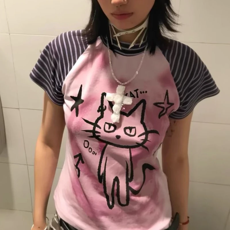 

Deeptown Kawaii Cartoon Women T-shirt Harajuku Vintage Y2k Cutecore Short Sleeve Summer Casual Slim Up Patchwork Aesthetic Tees