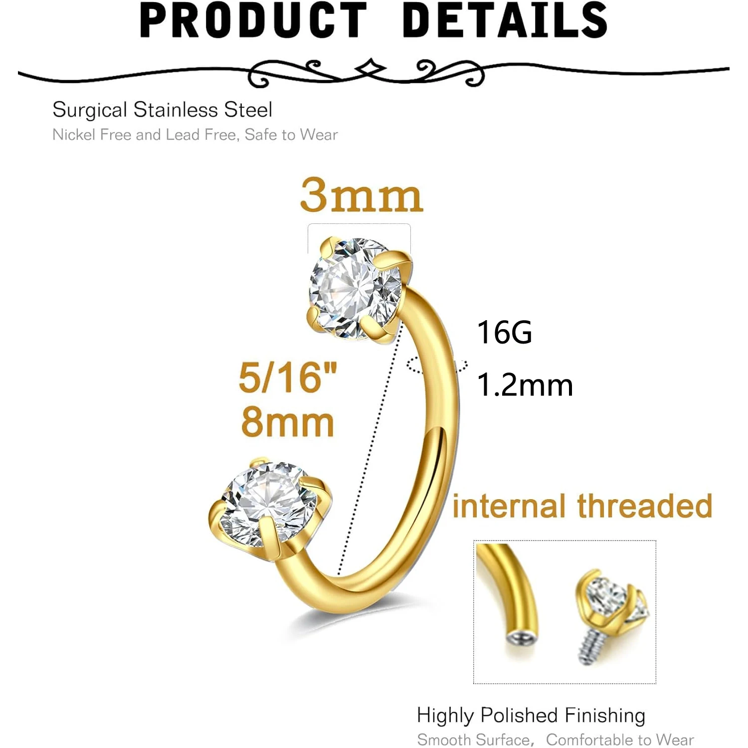 Stainless Steel Horseshoe Golden Nose Ring Hypoallergenic Double Gem 16gauge Corkscrew Nostril Piercing Jewelry for Women Men