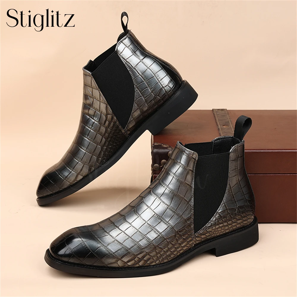 Faux Crocodile Leather Booties for Men Elastic Slip-On British Style Ankle Boots Fashionable Polished Leather Boots Multi-color