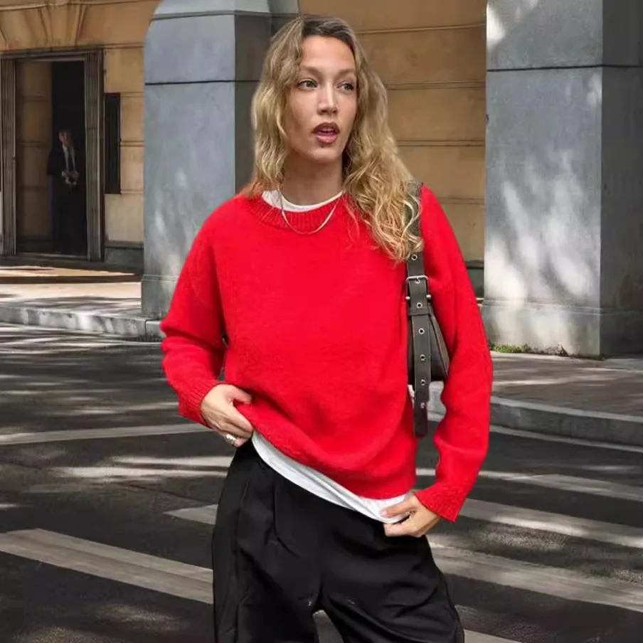 

Pink Sweaters 2000s Women Solid Color Round Neck Long Sleeve Cardigan Tops Warm Knitwear Streetwear