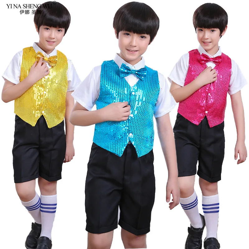 Jazz Dance Costume Boys Girls Sequined Vest Children Dancewear Performance Waistcoat Modern Dancing Clothes Sleeveless Vest