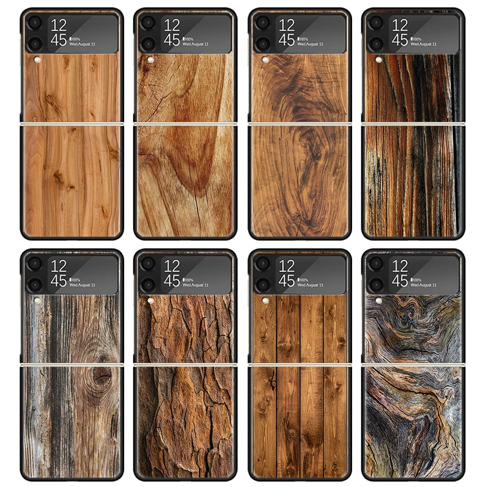 Wood Wooden Pattern Case For Samsung Galaxy Z Flip 4 5 3 z Flip5 Flip4 5G Hard Phone Cover Flip3 Split Folding Black Plastic Coq