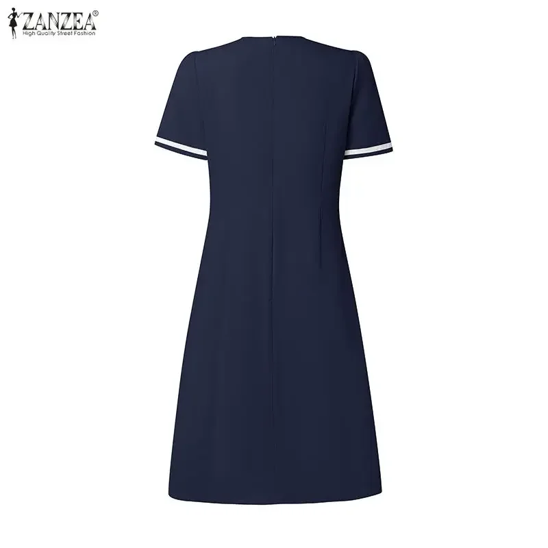 ZANZEA 2026 Summer Short Sleeve Dresses Women's Elegant Contrast-Trim Bow Detailing O-Neck Pleated Knee-Length Dress Vestidos