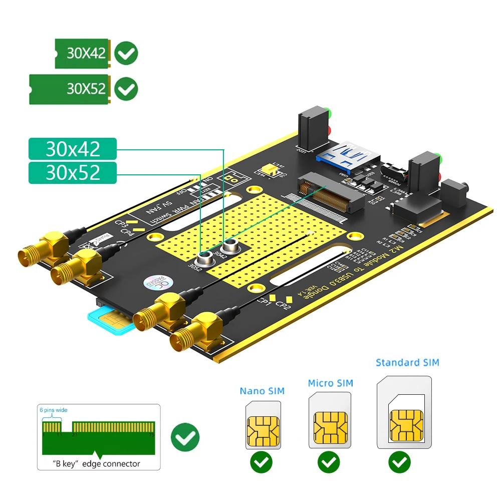 NGFF(M.2) 4G/5G Module to USB 3.0 Adapter with auxiliary power