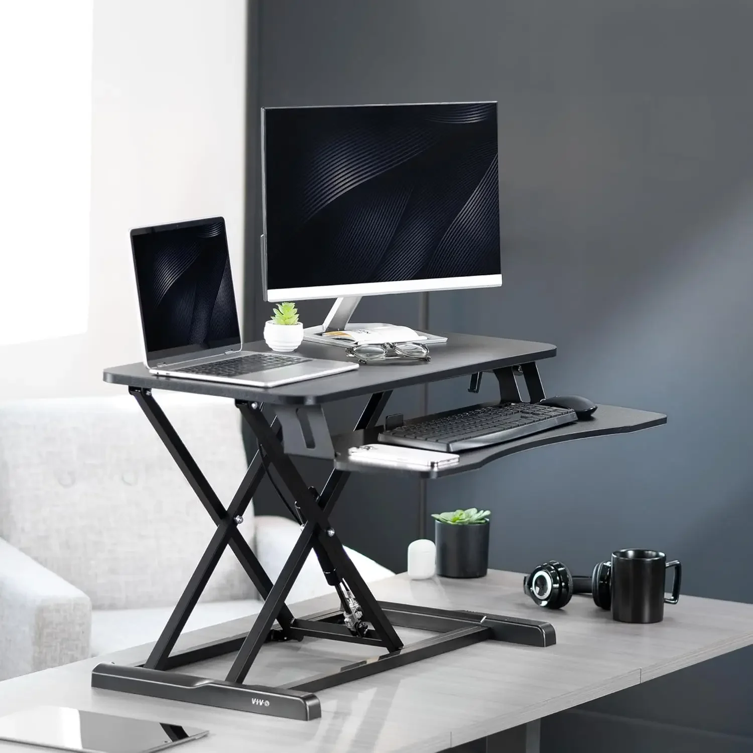 32 inch Desk Converter, K Series, Height Adjustable Sit to Stand Riser, Dual Monitor and Laptop Workstation with Wide Keyboard
