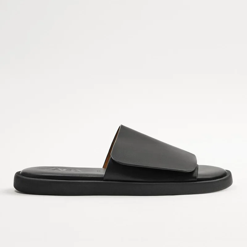US Size Leisure Men\'s Simple Black Leather Summer Outdoor Slippers Mature Businessman Concise Slides Beach Shoes