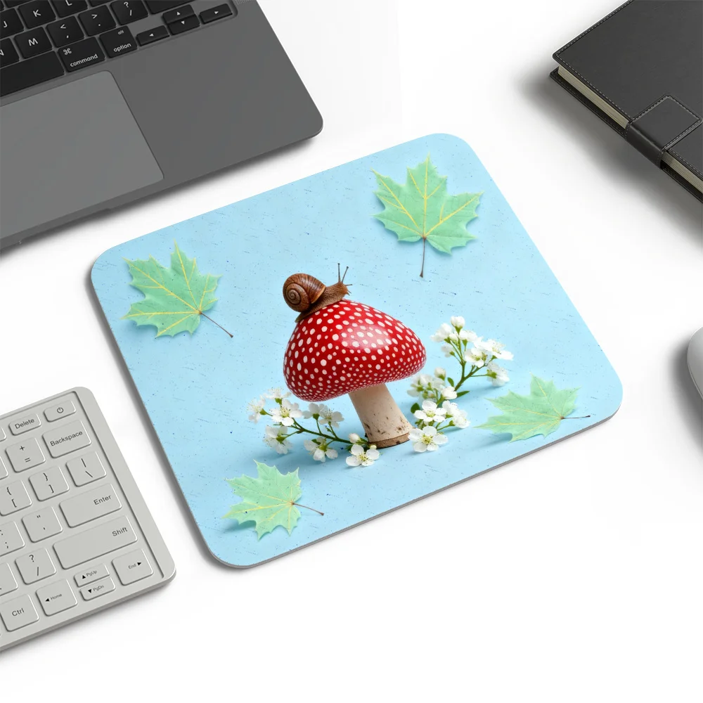 Small Anti-slip Rubber Mouse Pad, Stitched Edges, Snail Red Spotted Mushroom Leaf Print, Mat for Office & Gaming