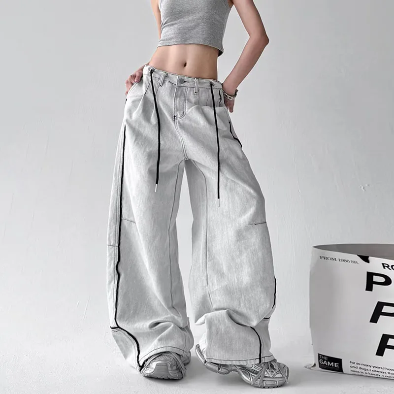 Women'S Jeans Striped Color Blocked Casual High Waisted Loose Straight Leg PantsKorean High Street Hip-Hop Wide Leg Pants