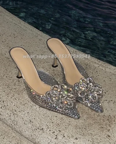 Pointed Toe Rhinestone Flowers Pvc Slippers Slip-on Design Mules Slingback Stiletto High Heels Dress Party Shoes Shiny Crystal