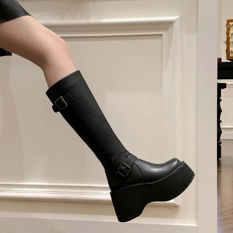 Women's Shoes Basic Women's Boots Classics Knee-High Boots Women Belt Buckle Side Zip Round Toe Wedge Platform Shoes Ladies view 2